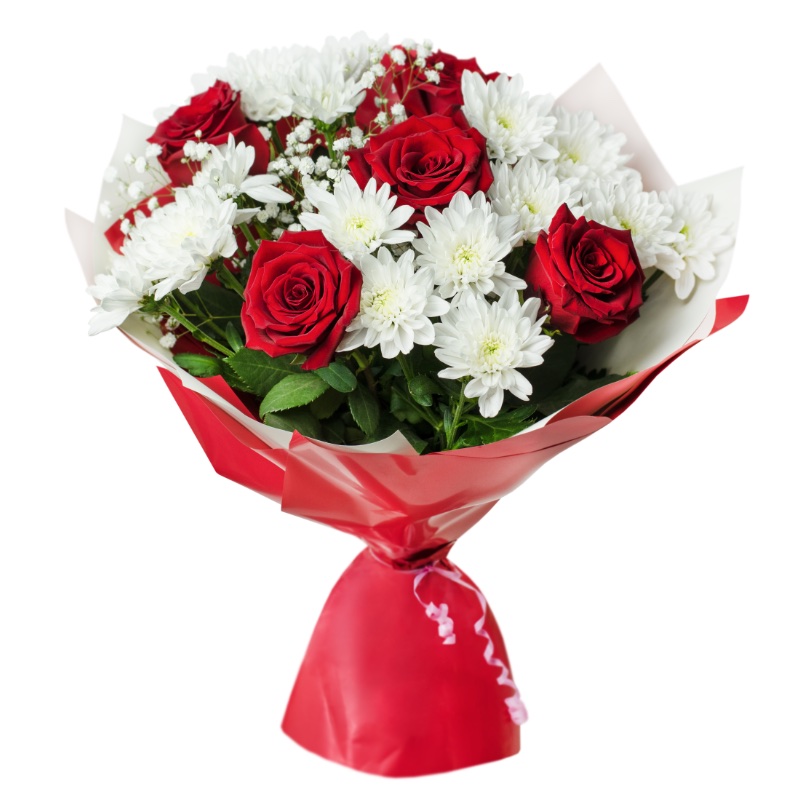 Bouquet funebre con rose rosse e crisantemi bianchi