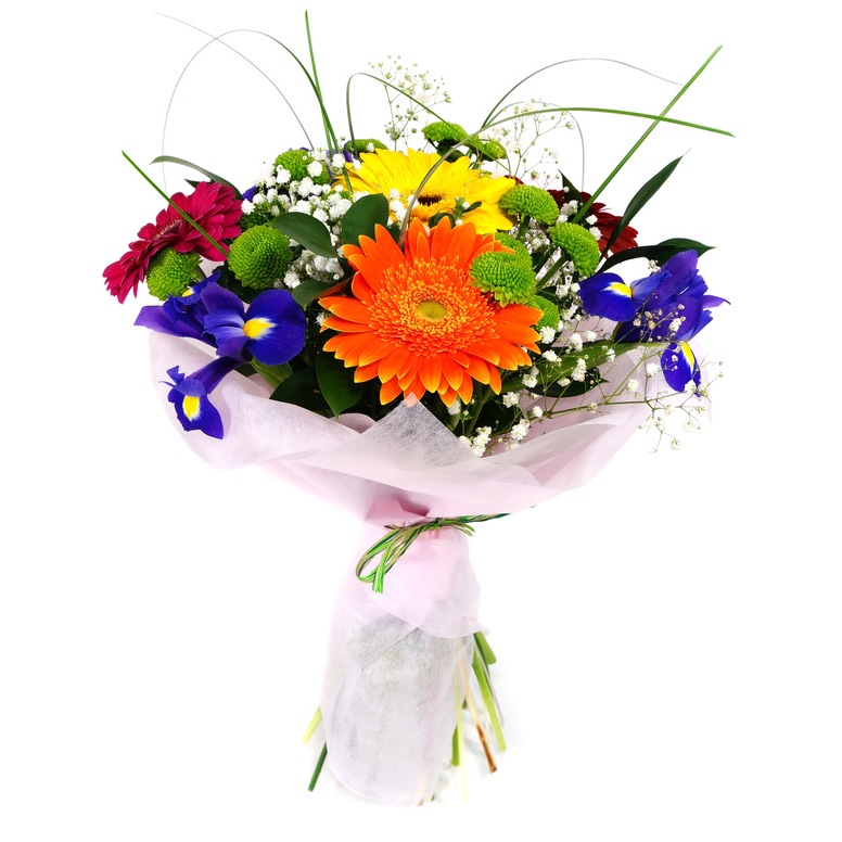 Bouquet con gerbere, iris e santini