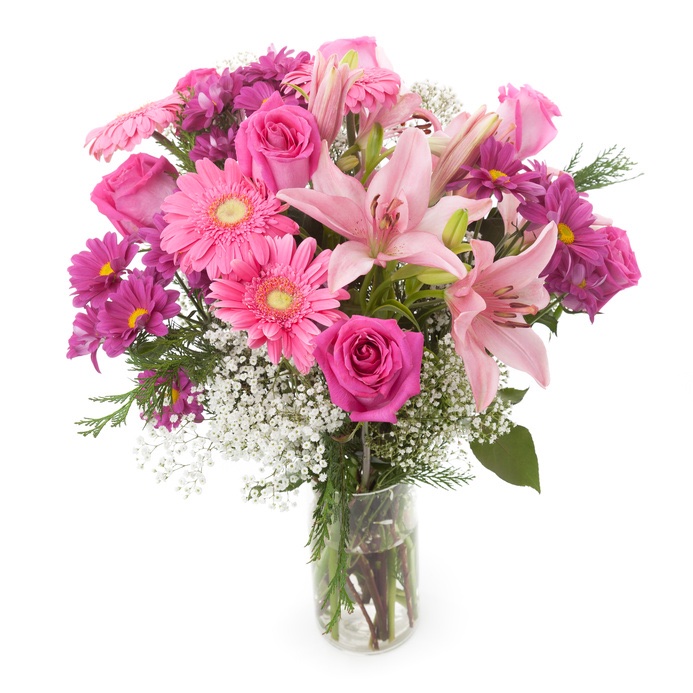 Bouquet rosa con gigli, gerbere e rose