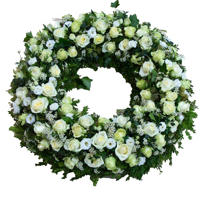 Corona Funebre con rose bianche, lisianthus bianchi e gypsophila